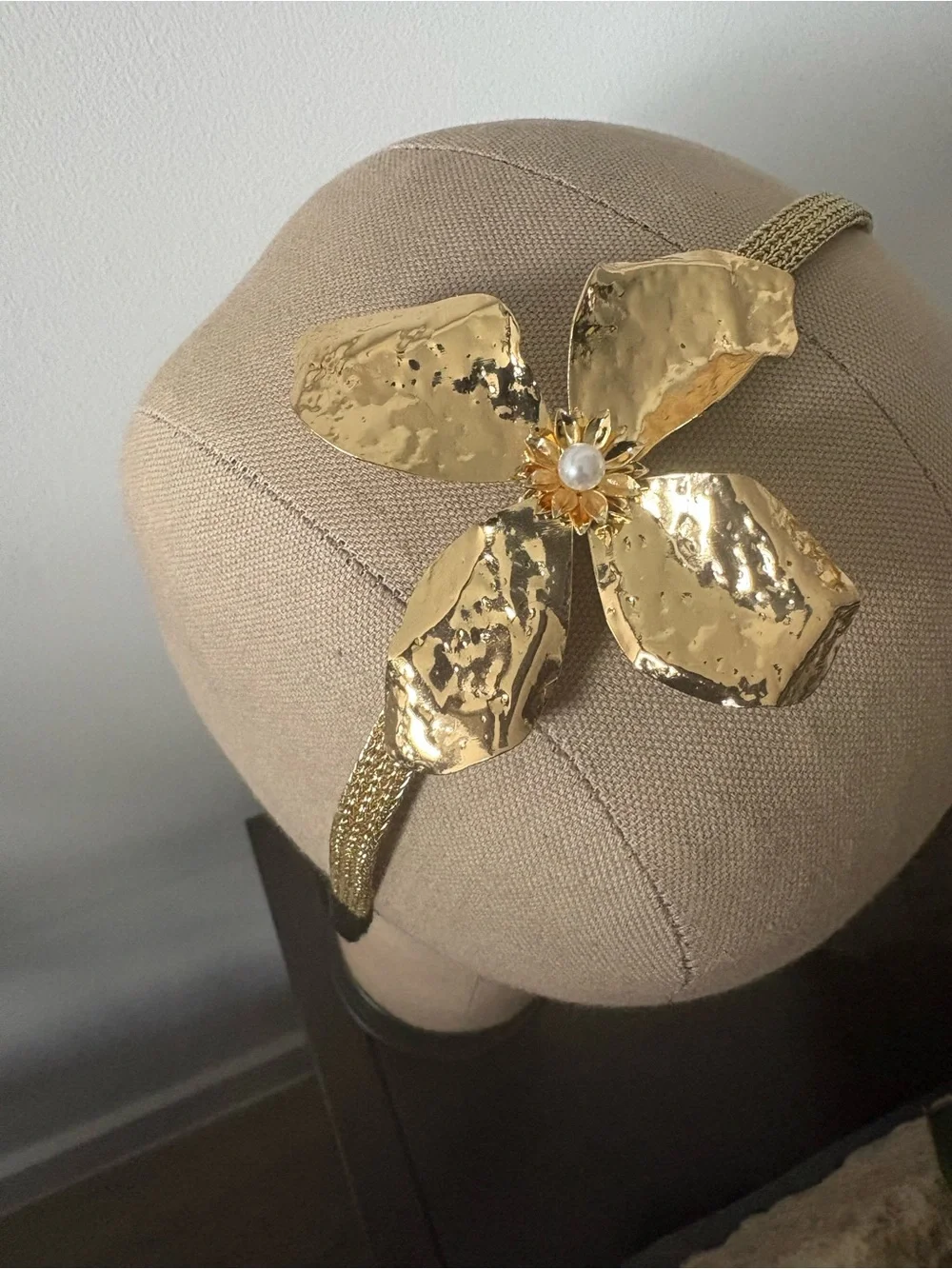 Gold Floral Hammered Metal Headband with Pearl Center